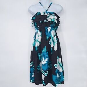 Tropical Print Halter Ruffle Beach Cover Mini Dress‎ One Size New